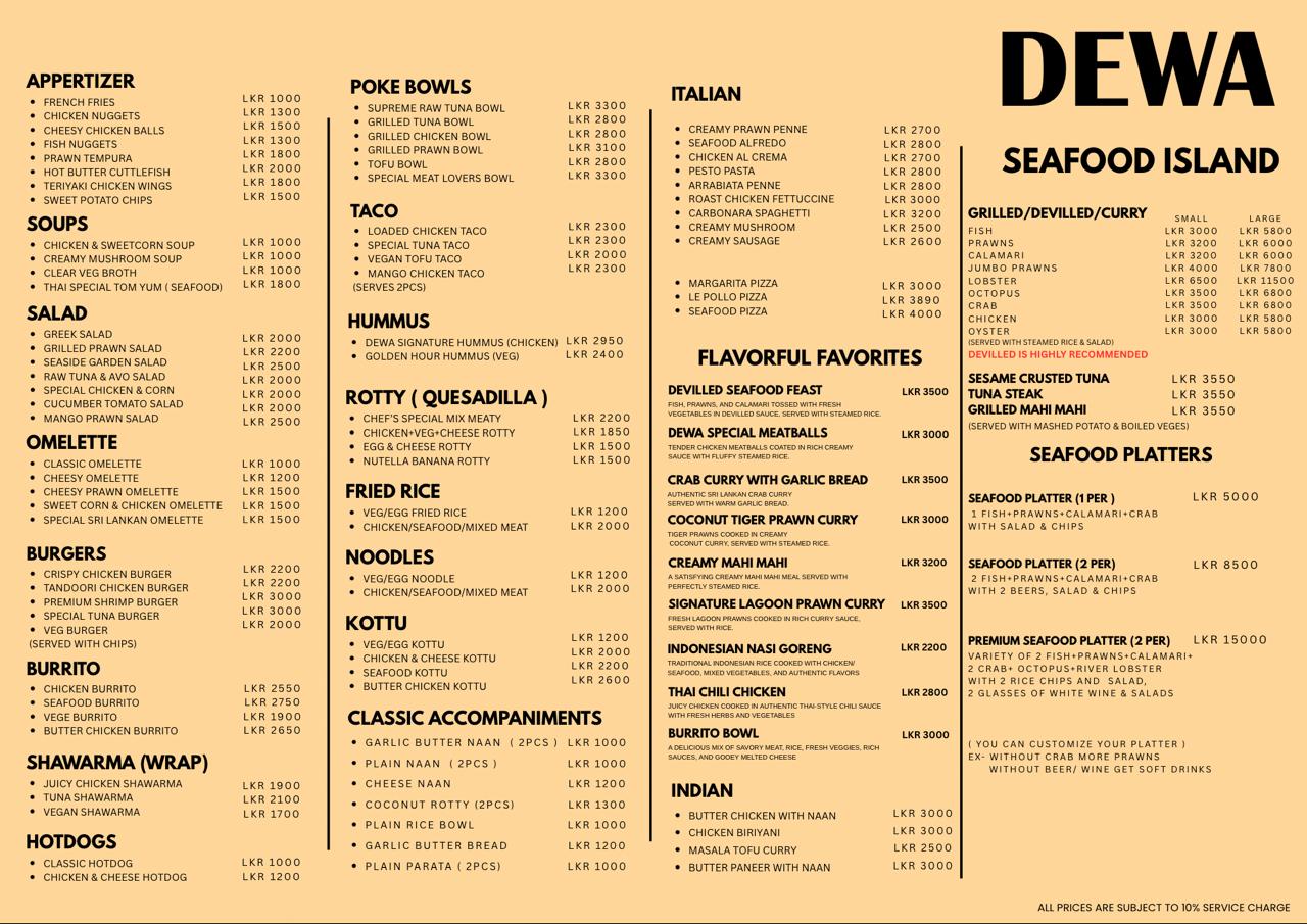 Dewa Food Menu — Appetizers, Seafood, Kottu & more