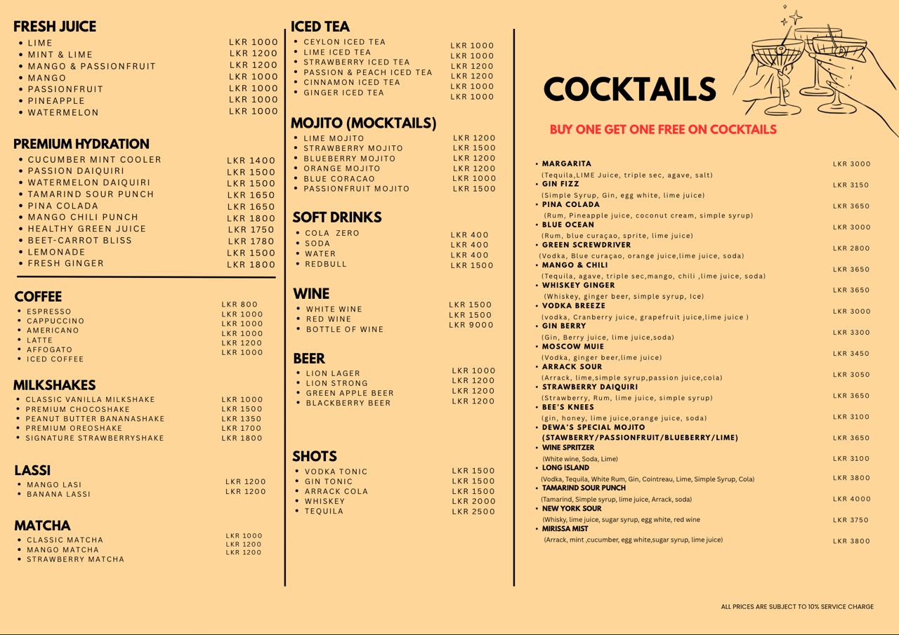 Dewa Drinks Menu — Cocktails, Coffee, Juices & more
